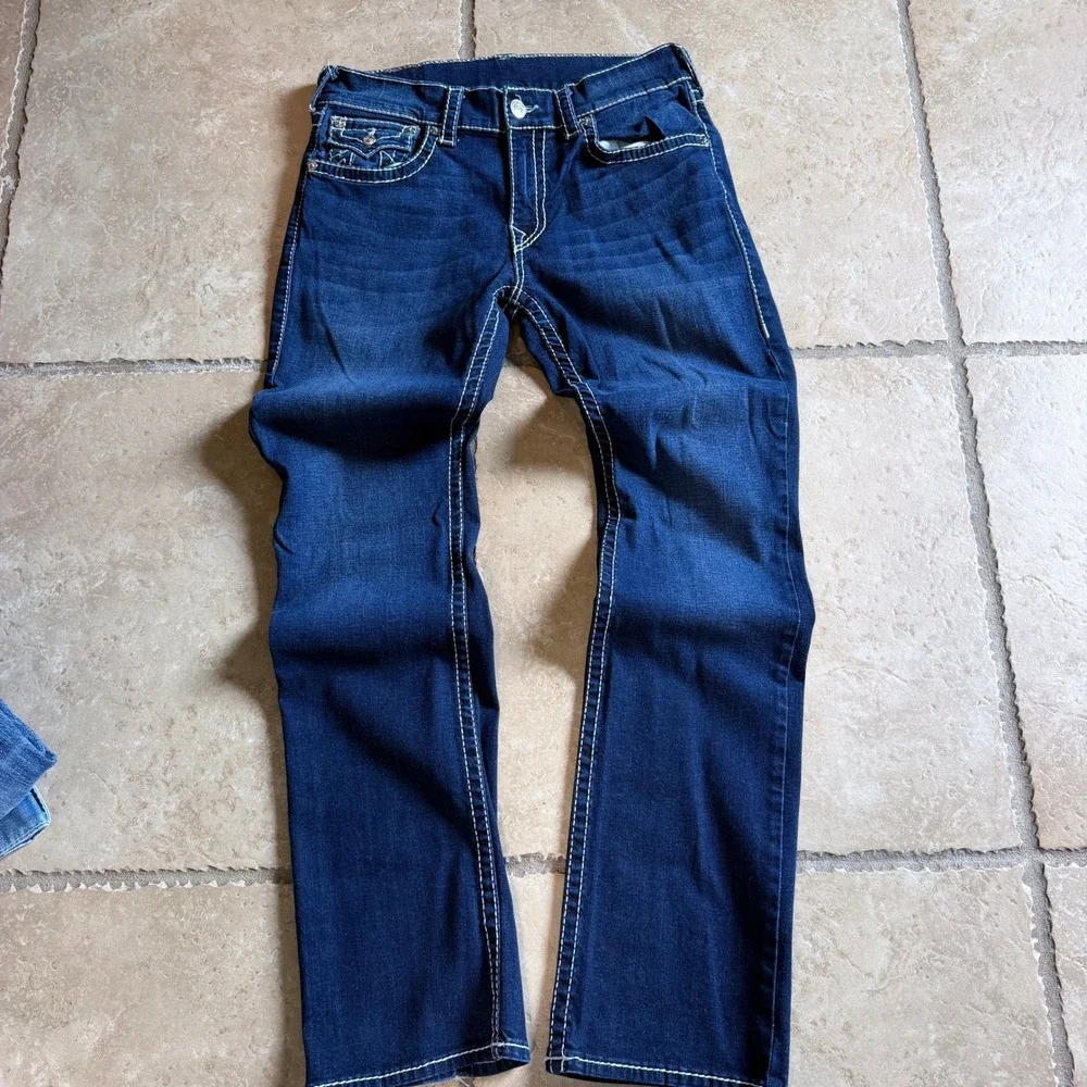 True Religion Straight Flap Jeans Men 32 Dark Blue Natural Big T Contrast Stitch